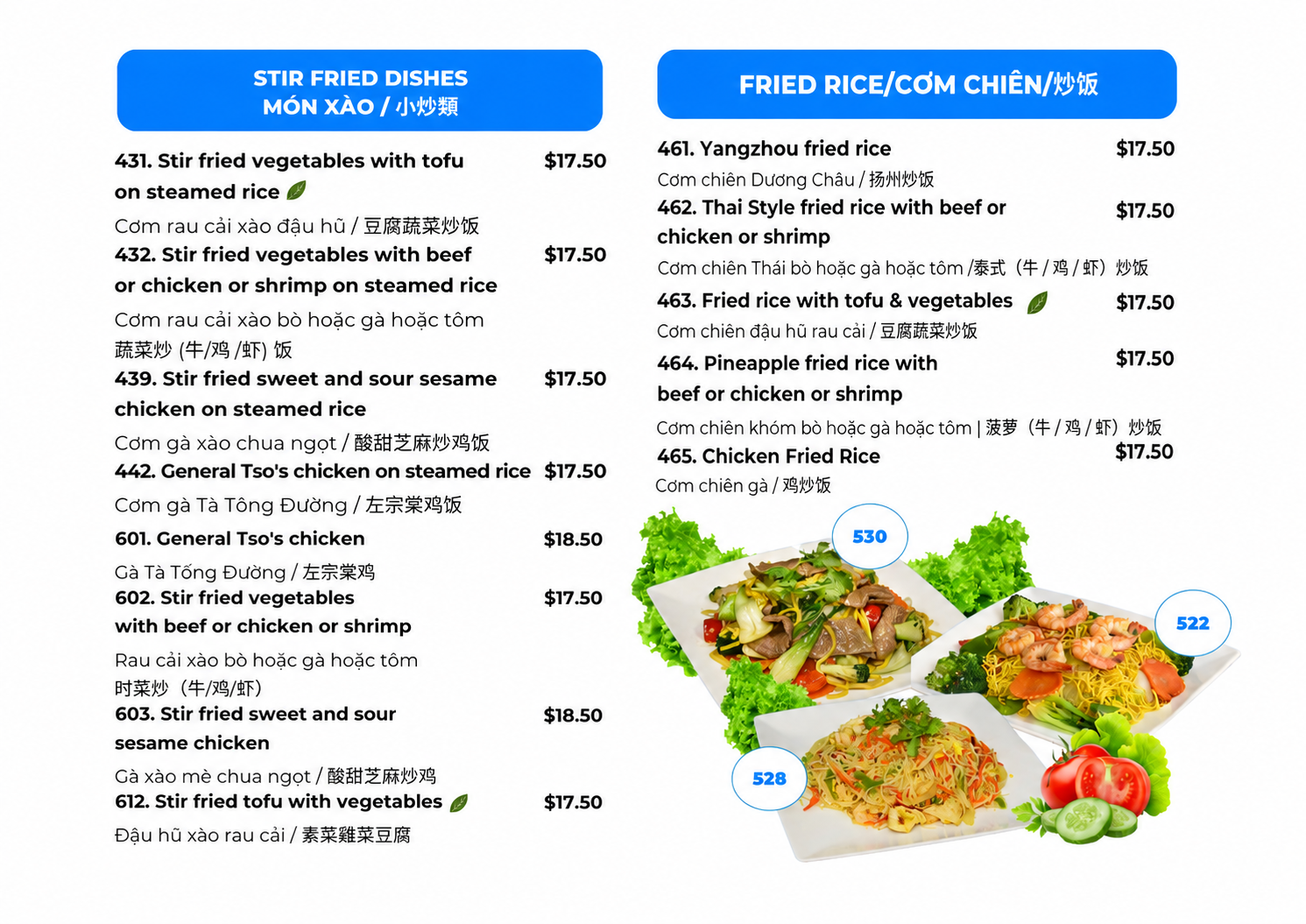 Stir fried menu